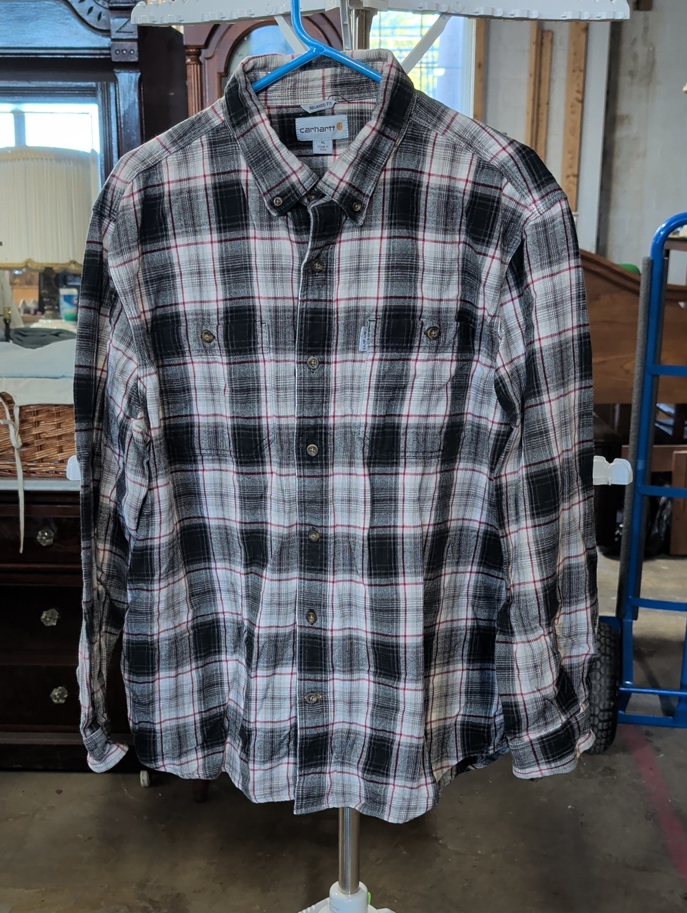 Carhartt Flannel Black, White & Red Plaid Button-Down Shirt - Picture 1 of 5